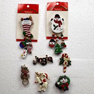 Christmas Collection Brooch Holiday Lapel Pins Set of 7 VTG Cats reindeer candy